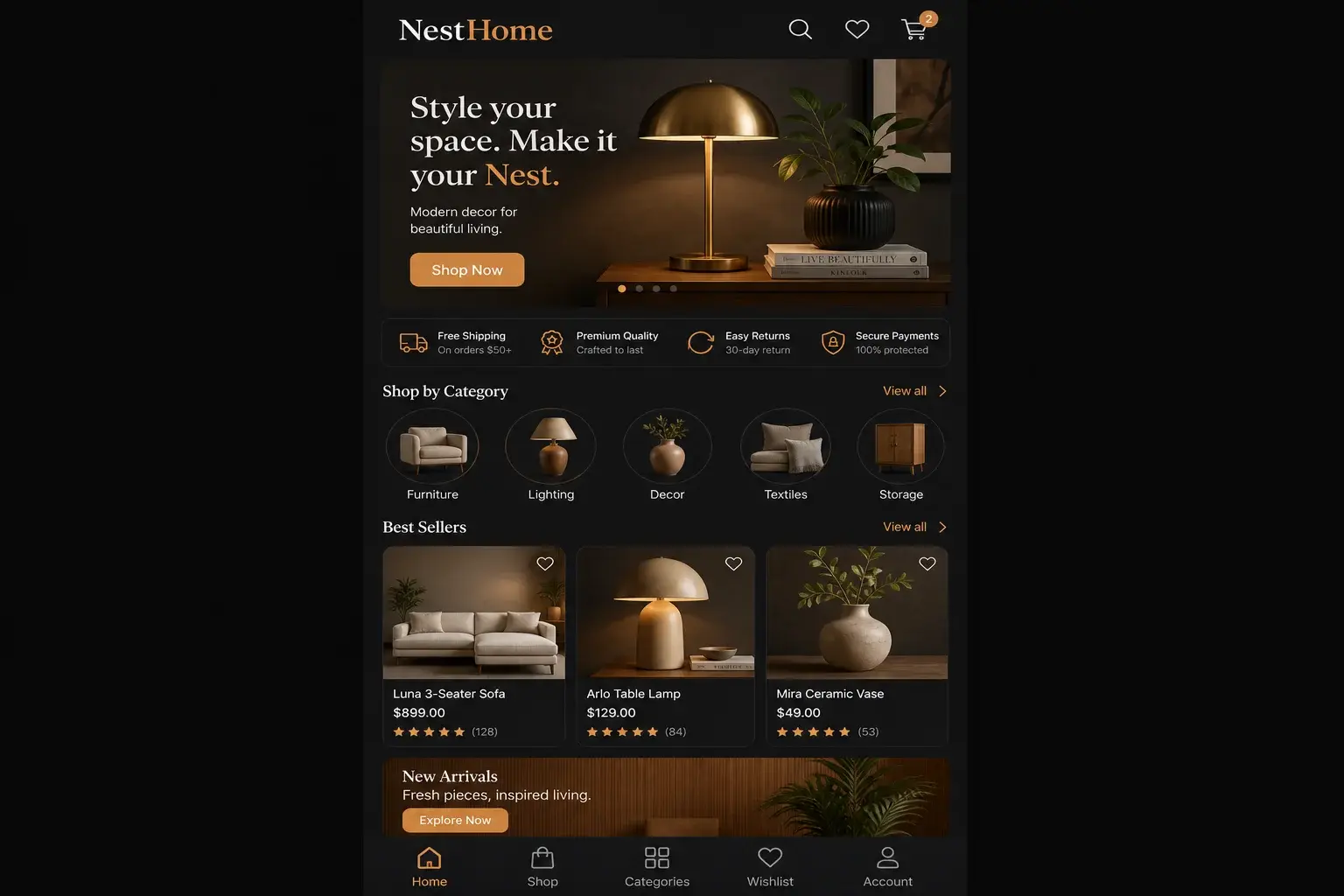 Застосунок NestHome для покупок декору на iPhone — каталог меблів і оформлення замовлення