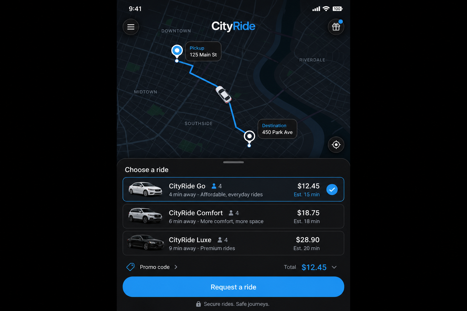 Застосунок таксі CityRide з картою на Android — той самий інтерфейс React Native, що й на iPhone